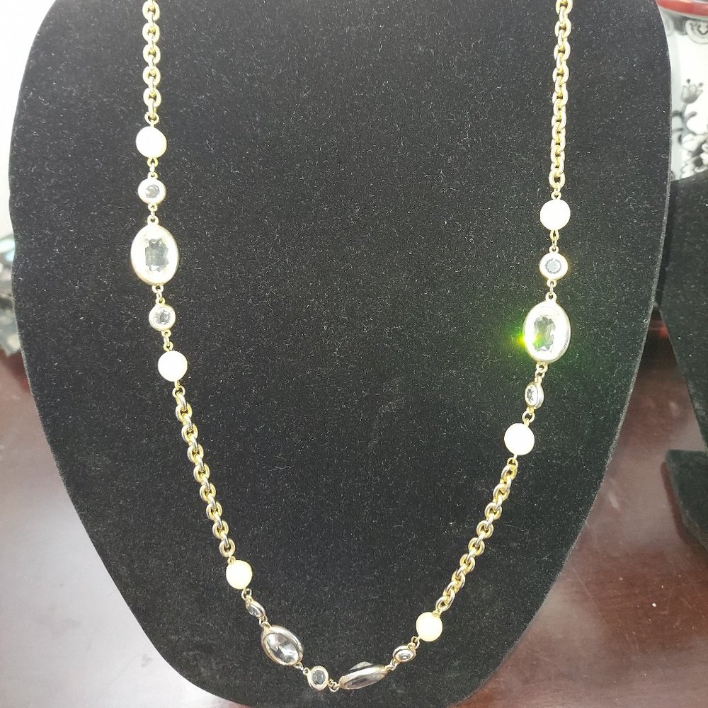 Gold small cable link necklace with clear gemstones